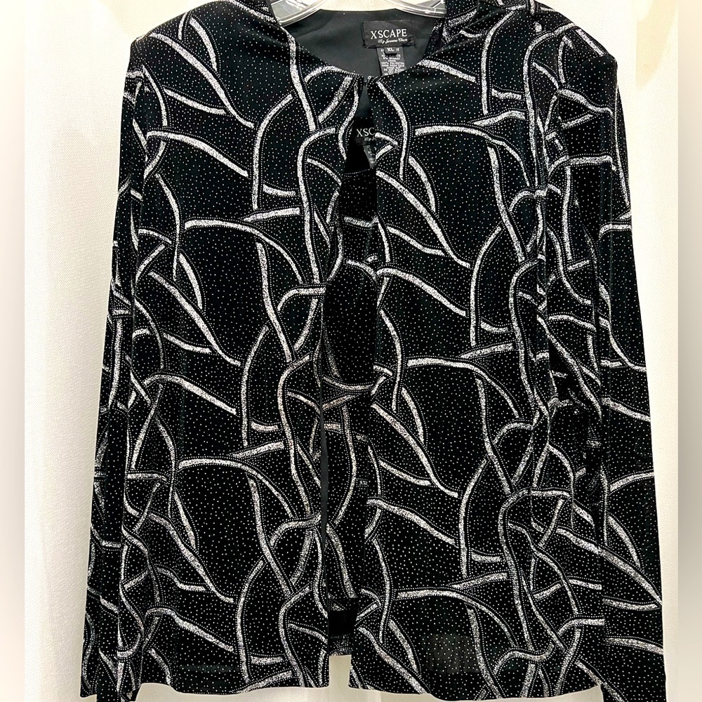 XSCAPE Evening Dress Jacket and Tank Set Size XL Open Front Black/Silver Glitter